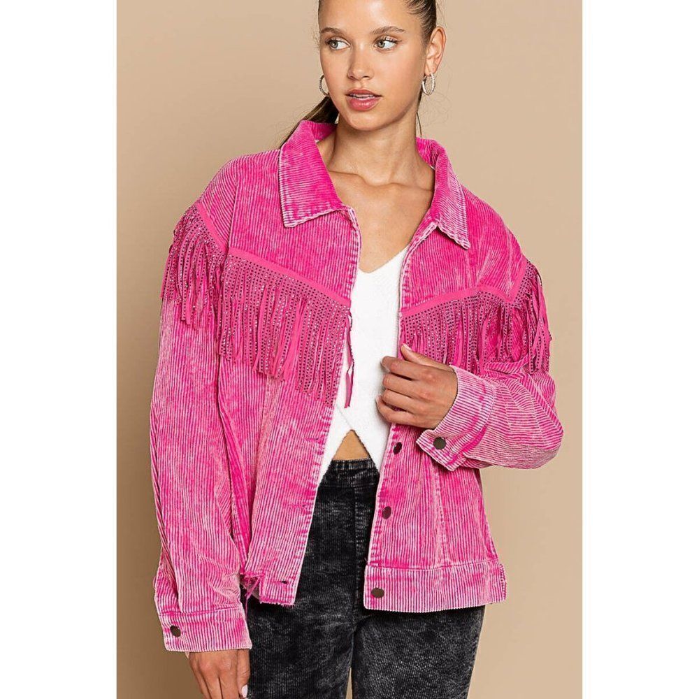 POL CLOTHING Fringed Rhinstone Button Down Long Sleeve Jacket Fuchsia Pink YKJ64